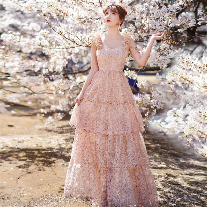 Pink Crocheted Lady Temperament Suspender Skirt High Waist Was Thin