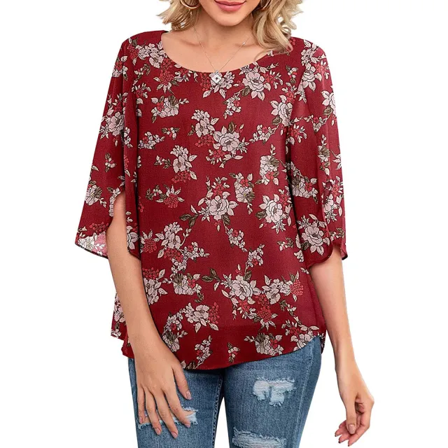 Casual Low Crew Neck Loose Print Shirt E S - Shop at LoveMi