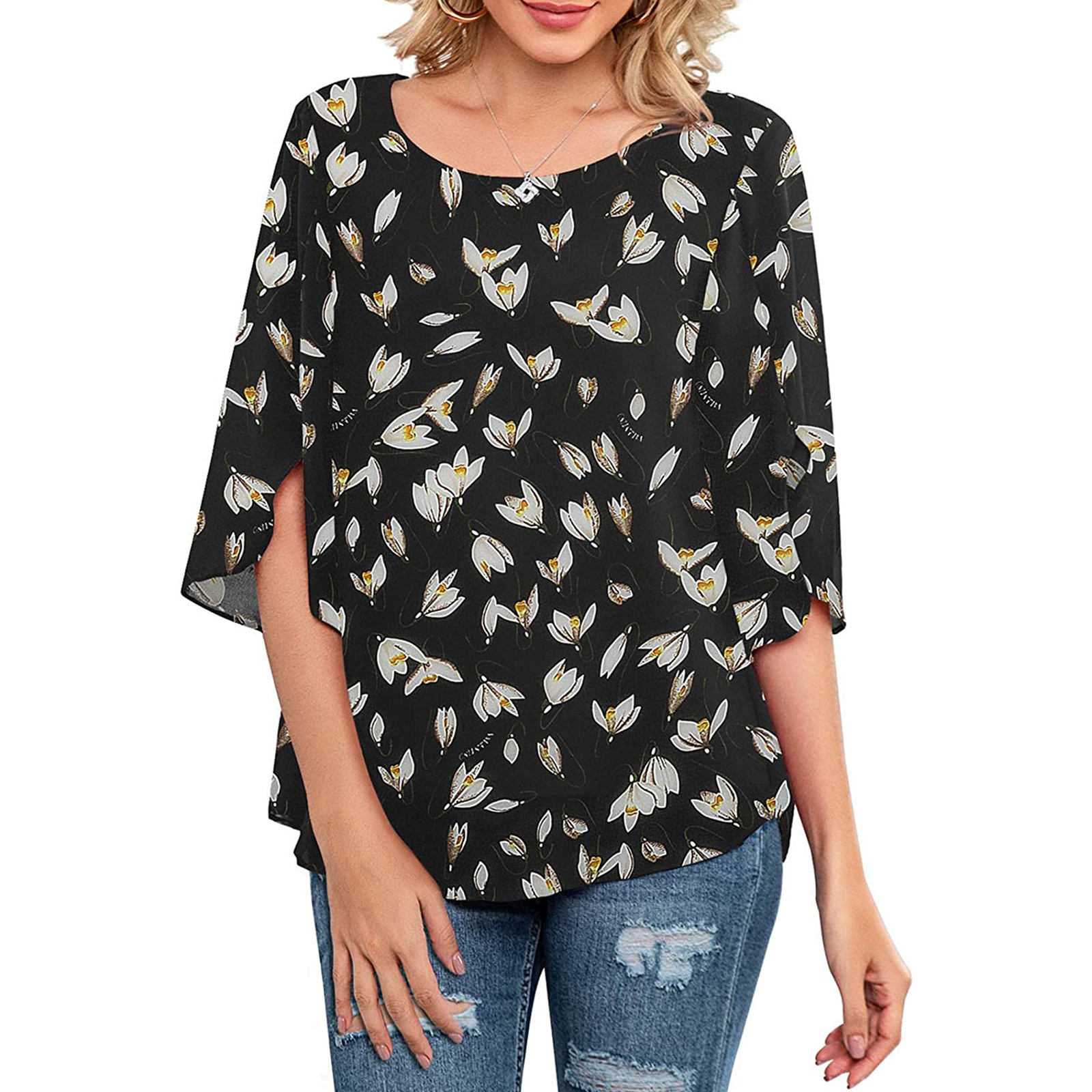 Casual Low Crew Neck Loose Print Shirt
