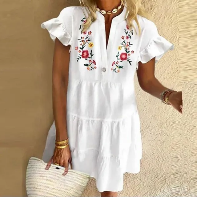 Ladies Retro Contrast Color Fringed Mini V Neck Skirt White A - Shop at LoveMi