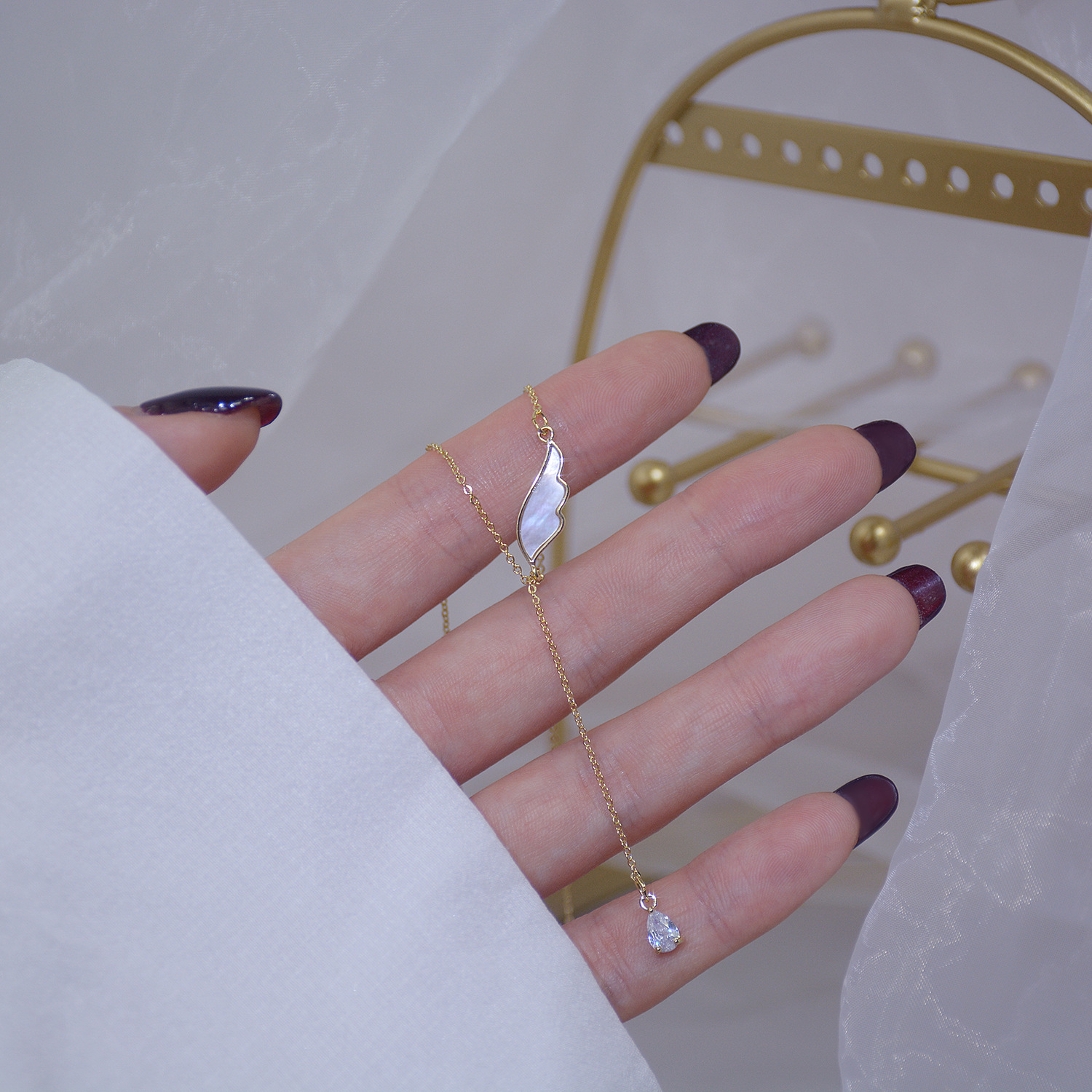 Water Drop Natural Shell Wings Design Female Necklace Clavicle Chain