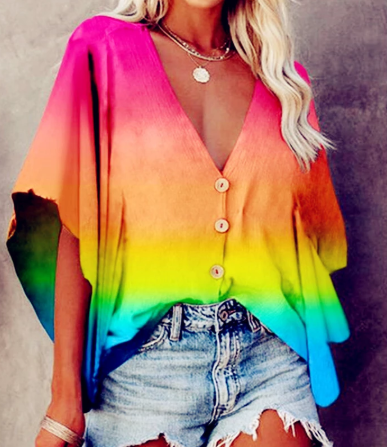 Summer Gradient Color Pullover Single-Breasted Solid Color Short Sleeves