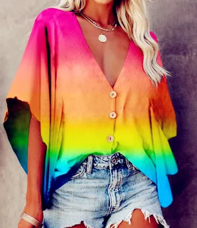 Summer Gradient Color Pullover Single Breasted Solid Color Short Sleeves Rainbow Colors - Shop at LoveMi