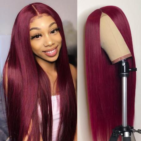 Natural Lace Front Wig Medium Long Straight Hair Wine Red - Shop at LoveMi
