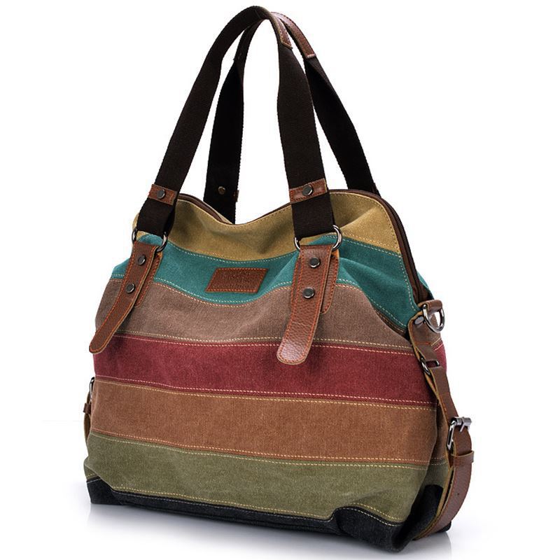 New Canvas Bag Europe and America Rainbow Stripe Canvas Bag Fashion Splicing Women's Washing Bag Canvas Bag Shoulder Bag