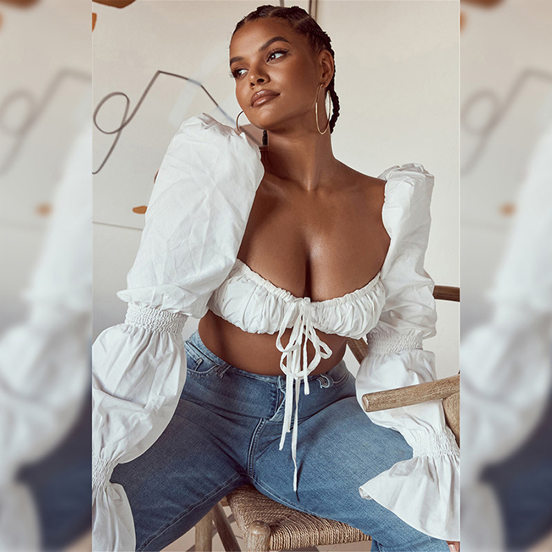 Women's Flared Sleeves And One-Neck Sexy Slim Cropped Short T-shirt