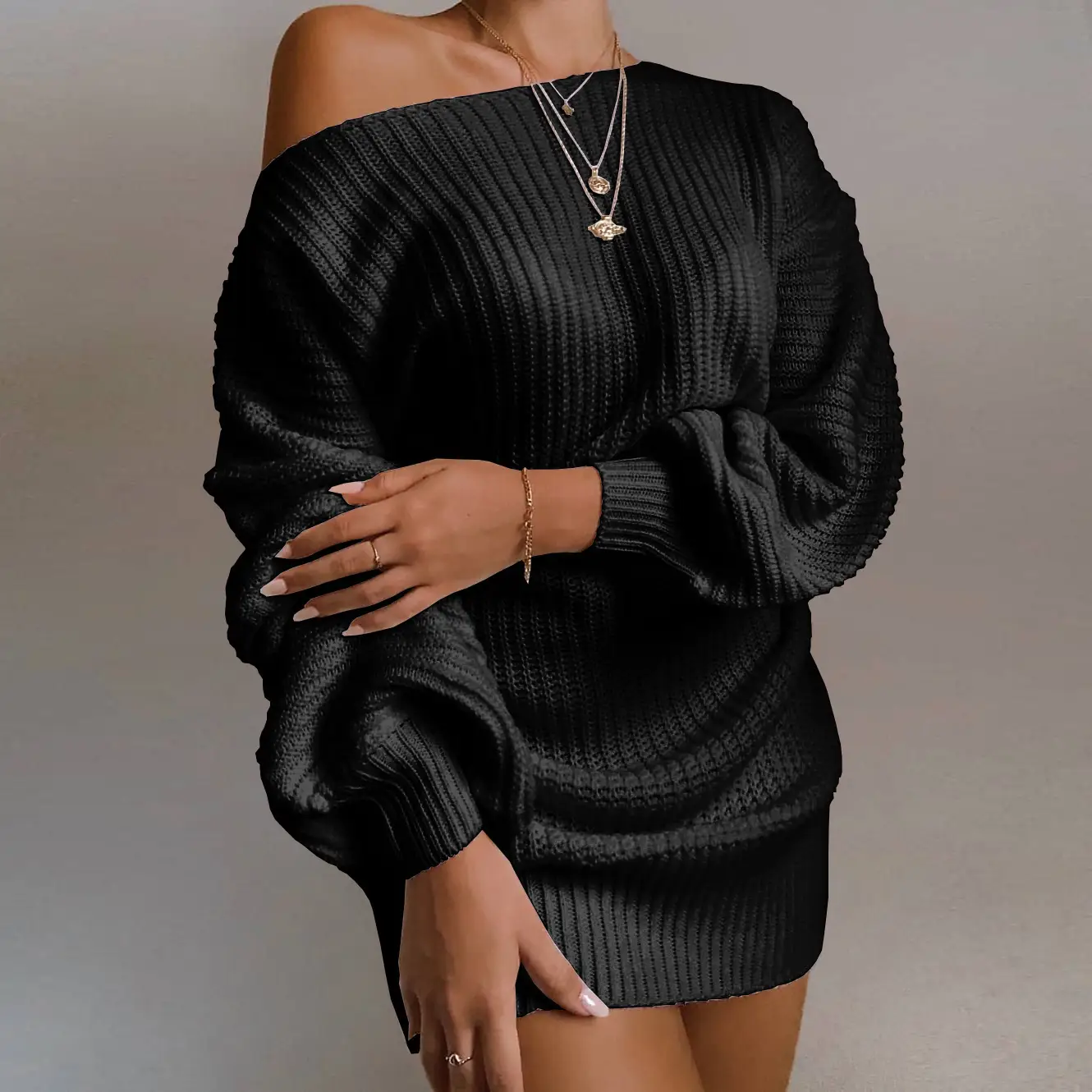 OrangeA Women Off Shoulder Knitted Sweater Dress Autumn Winter Loose Long Sleeve Solid Ladies Tunic Elegant Streetwear Dresses