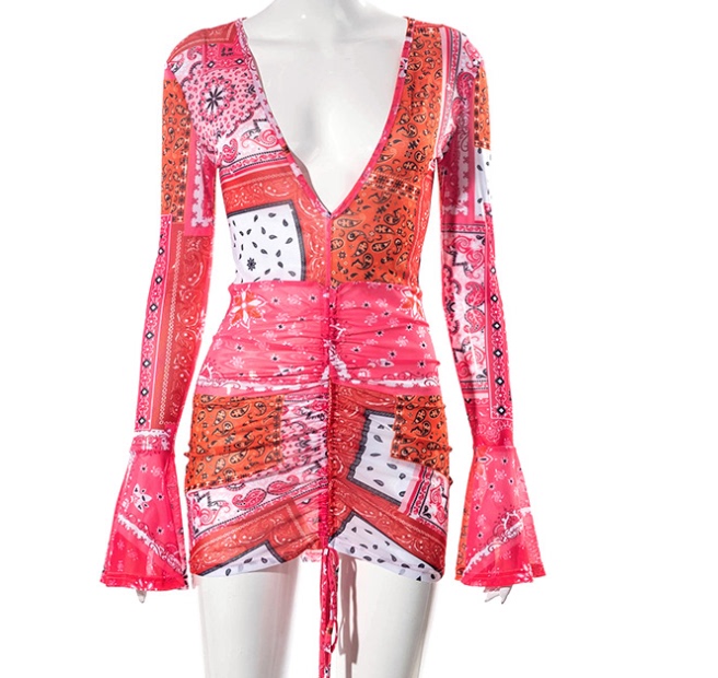 All-Match New Ins Deep V-Neck Print Flared Long-Sleeved Pleated Short Bar Dress