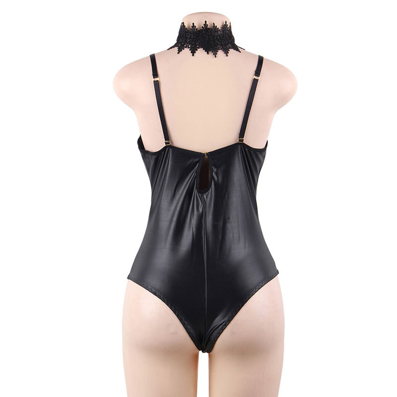 Title 2, Leather Large Size One-Piece Underwear Deep V