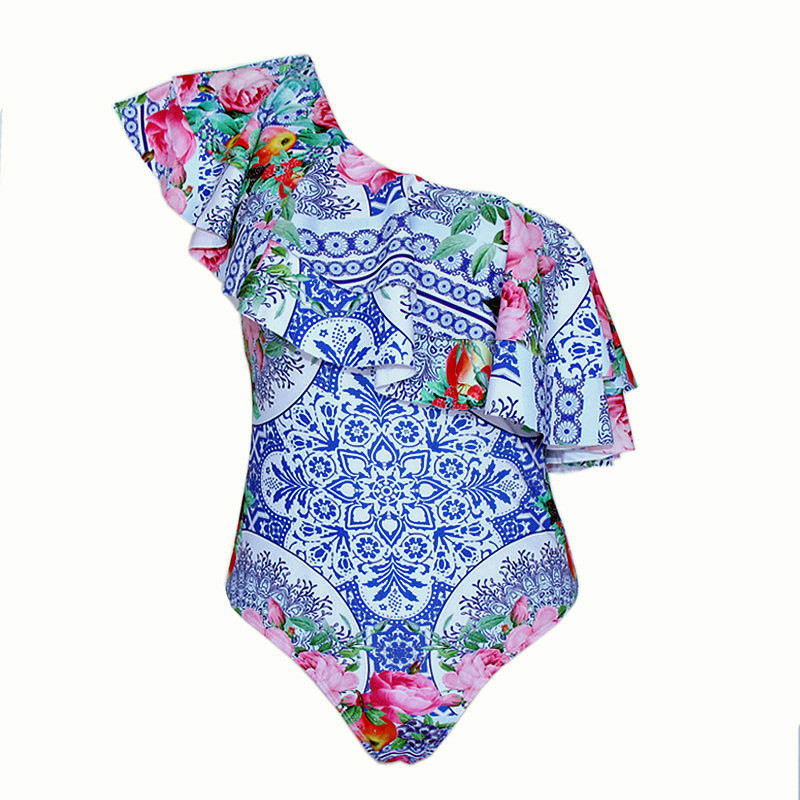 One-piece Swimsuit Women's Double Layer Ruffled Printed Conservative Swimsuit