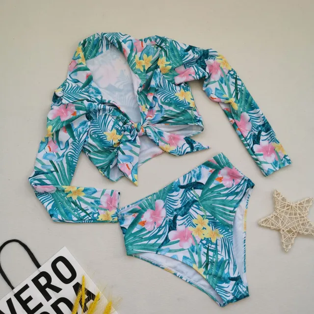 Foreign Trade Sexy High Waist Long Sleeve Printed Bikini Green - Shop at LoveMi