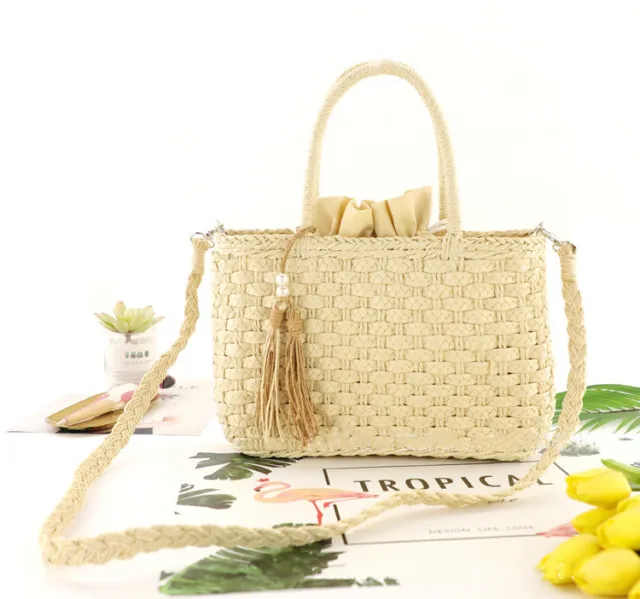 Pearl Tassel Straw Woven Bag Portable Diagonal Fashion Female Bag Beach Bag Paper Rope Three Strand Braid Woven Bag Beige - Shop at LoveMi