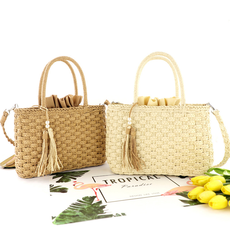 Pearl Tassel Straw Woven Bag Portable Diagonal Fashion Female Bag Beach Bag Paper Rope Three-Strand Braid Woven Bag