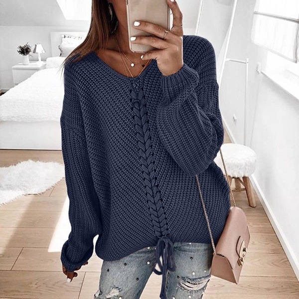 Title 2, V-neck Drawstring Open Back Pullover Knitted Sw...