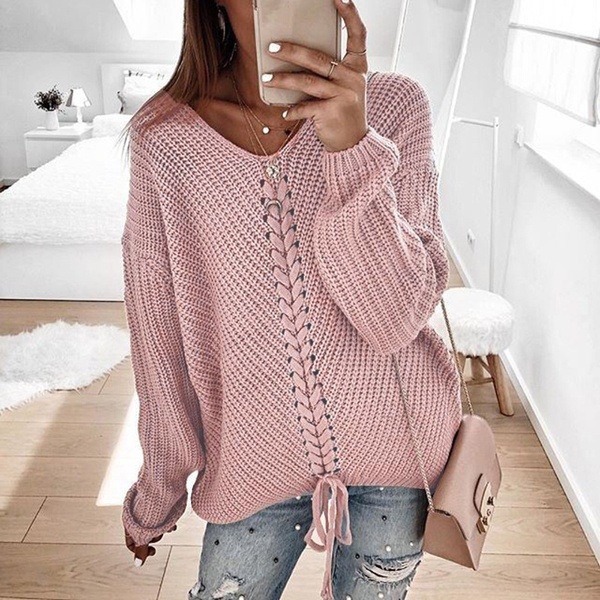 Title 5, V-neck Drawstring Open Back Pullover Knitted Sw...