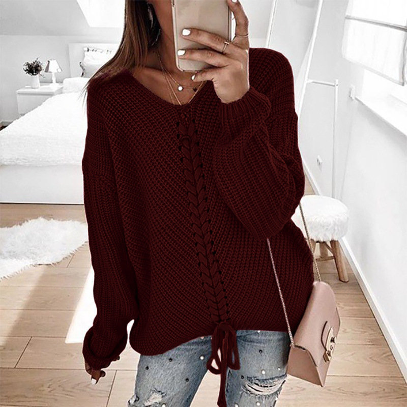 Title 3, V-neck Drawstring Open Back Pullover Knitted Sw...