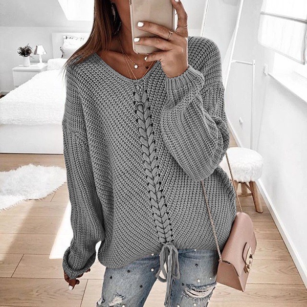 Title 6, V-neck Drawstring Open Back Pullover Knitted Sw...