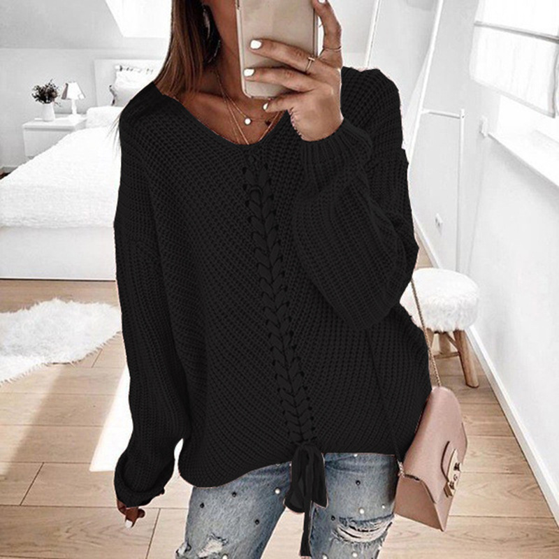 Title 8, V-neck Drawstring Open Back Pullover Knitted Sw...