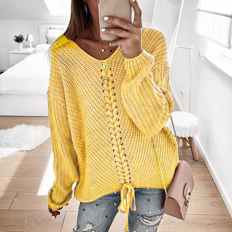 V-neck Drawstring Open Back Pullover Knitted Sweater
