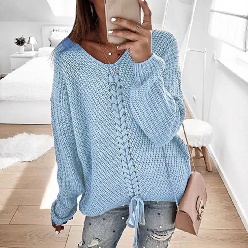 V-neck Drawstring Open Back Pullover Knitted Sweater
