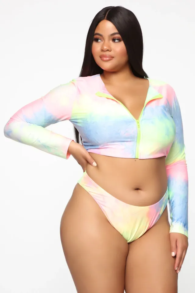 Bikini Long Sleeve Zipper Swimsuit Plus Size Colorful Sexy Plus Size Swimsuit Colorful - Shop at LoveMi
