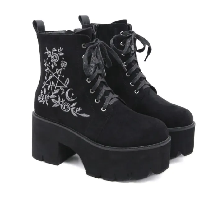 Winter European And American Embroidered Thick Heel Martin Women'S Boots Waterproof Platform Round Toe Platform Lace Up High Heeled Ankle Boots Red - Shop at LoveMi