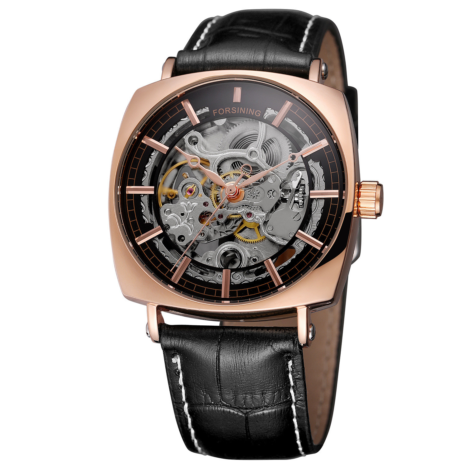 Forsining Black Genuine Leather Fashion Royal Luxury Gold watch Transparent Skel