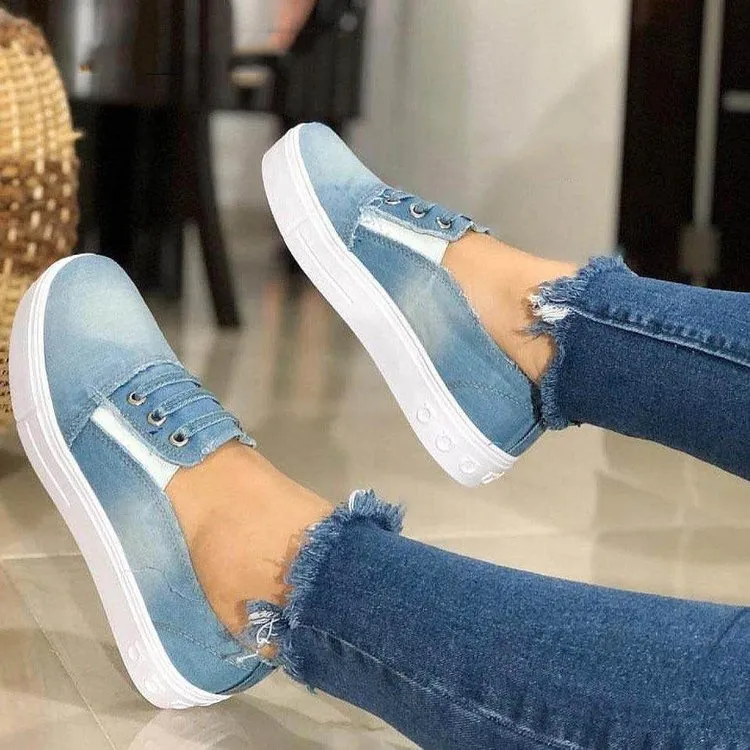 Casual Solid Color Round Toe Low Top Rubber Women's Loafers - Blue