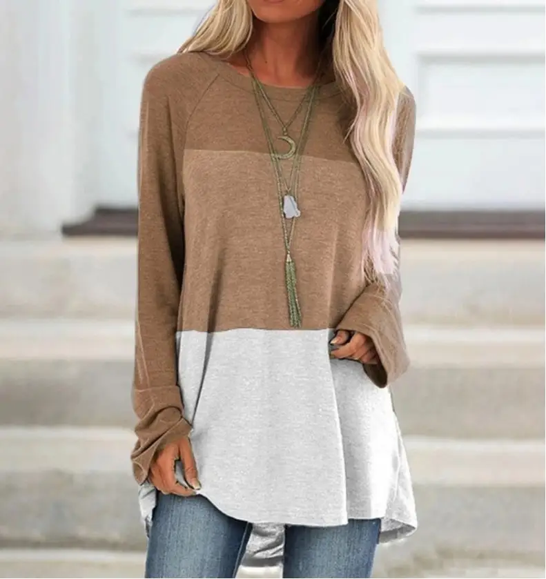New Women's Long Sleeved Round Neck Stitching Casual Plus Size T Shirt