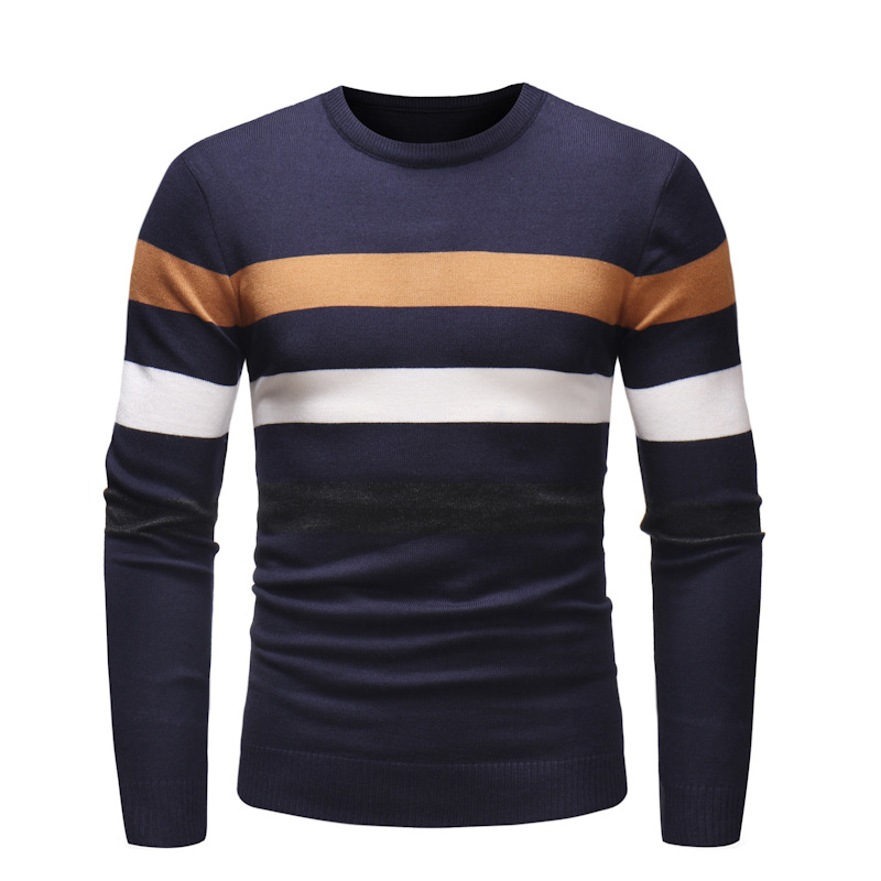 New Round Neck Sweater Men's Striped Color Blocking Slim Fit Sweater