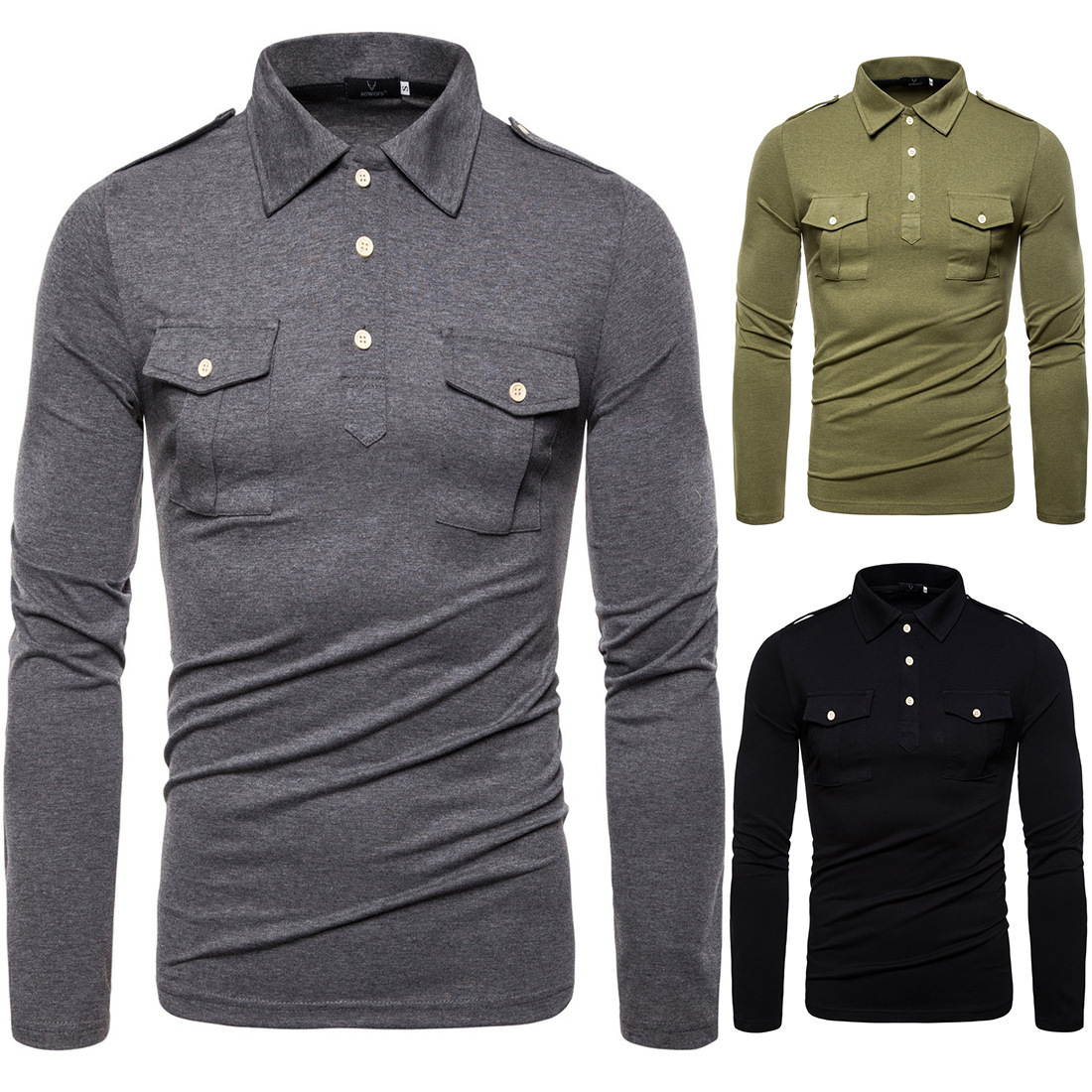 Men's New Lapel Long Sleeved T Shirt Military Style