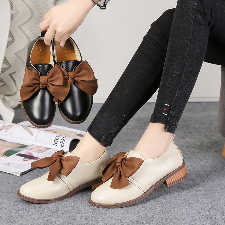 Mid Heel Bow Women's Shoes Spring Wild Retro Simple Casual Shoes