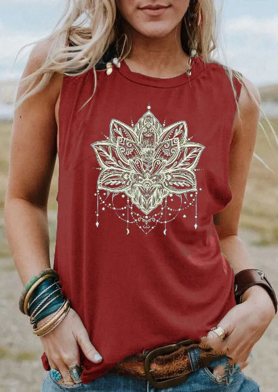 Summer Women's Printed Crewneck Vest T Shirt Wine Red - Shop at LoveMi
