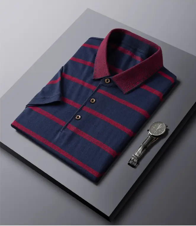 Men's Wide Brimmed Striped Lapel Short Sleeved T Shirt Casual T Shirt