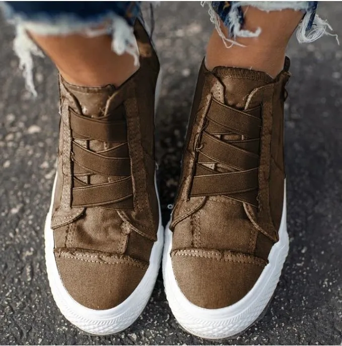 Canvas Shoes Sneakers Large Size Raw Edges - Coffee