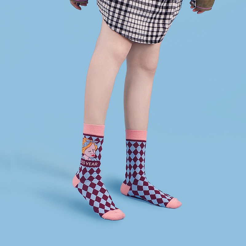 Title 1, Retro Illustration Cute Plaid Cartoon Socks Spo...