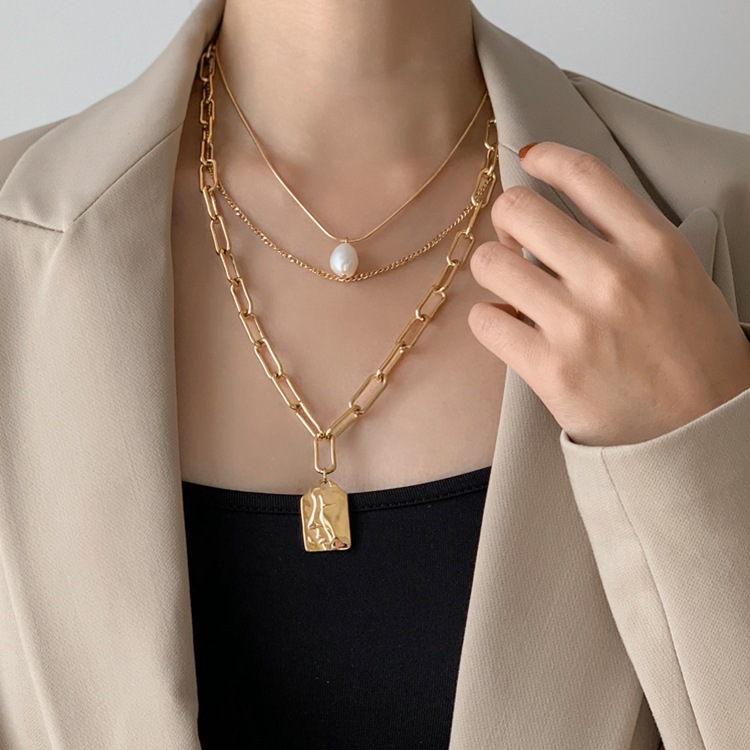 European And American Fashion Two-Layer Pearl Square Brand Women's Long Necklace Sweater Chain Hipster Net Celebrity Niche Design Does Not Fade