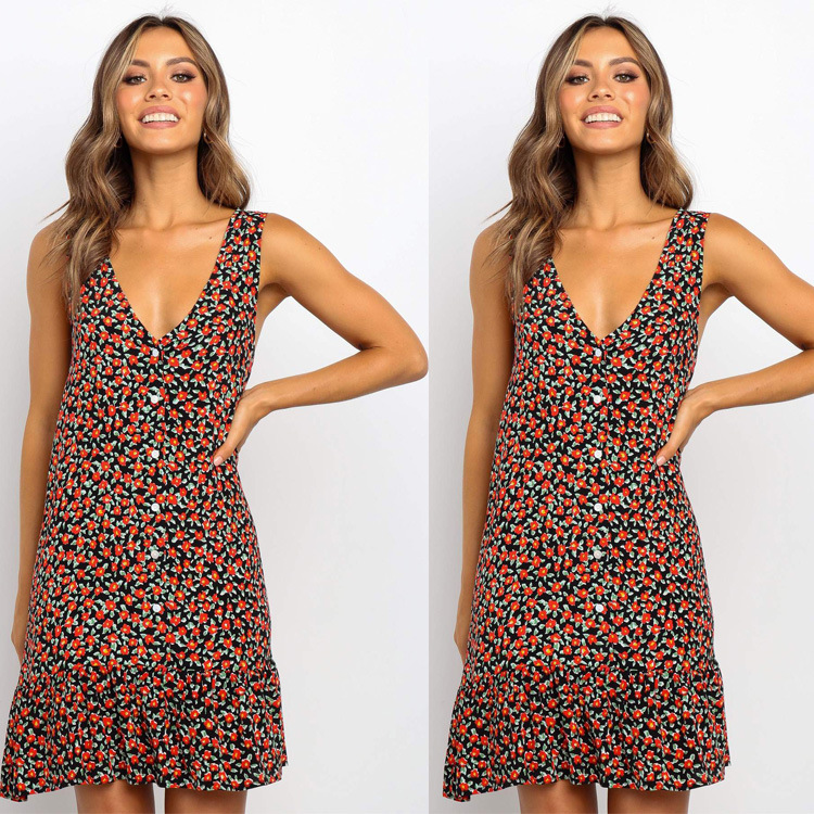 Deep V Sleeveless Button Print Dress