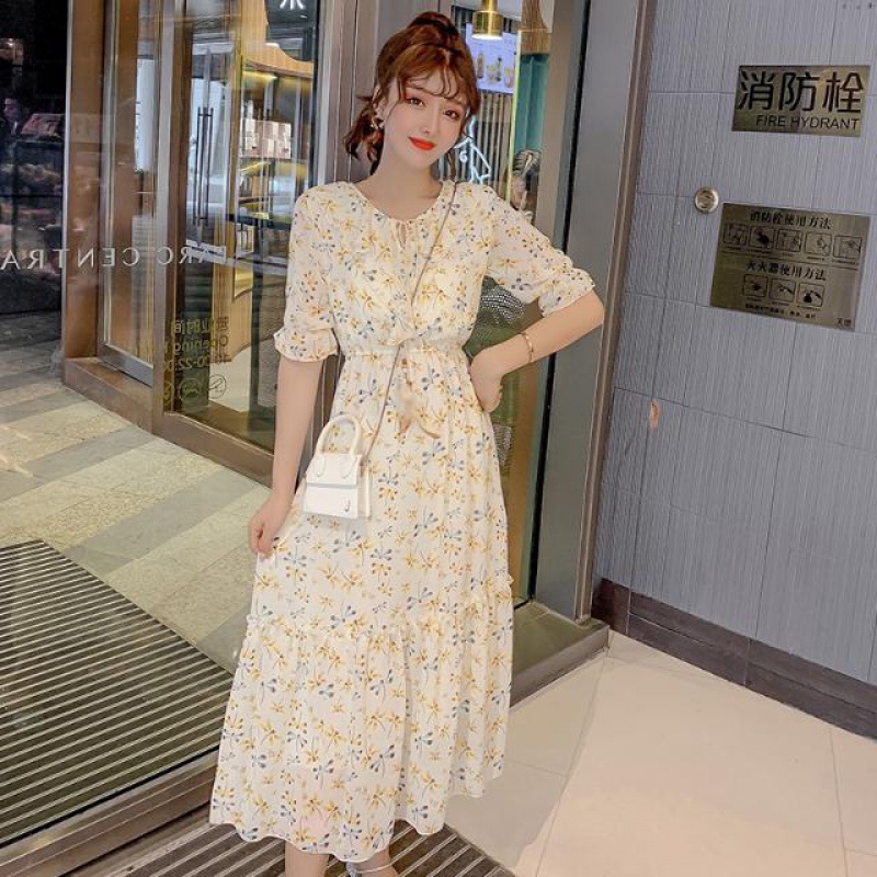 Floral Chiffon Dress fairy super fairy summer waist slim sweet trumpet sleeve French Style Hong Kong Style Skirt