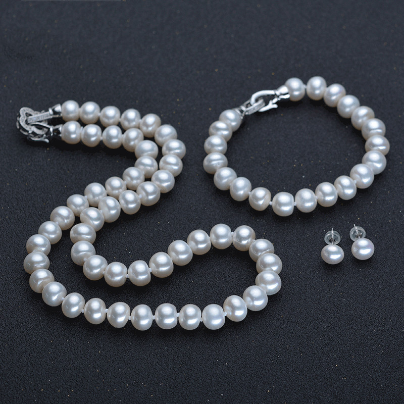 Fresh Water Pearl Necklace For Elders Three Piece Suit With Four Leaf Grass Buckle Pearl Necklace Suit With Amazon