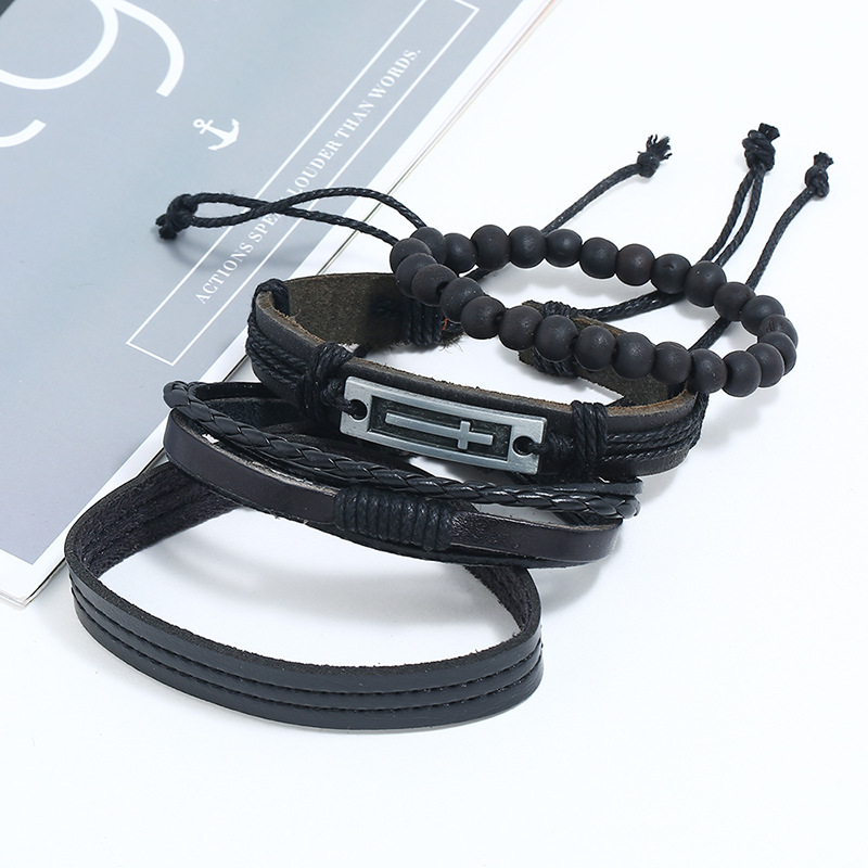 Punk Factory Direct Retro Woven Suit Cowhide Bracelet Simple Multi-Layer Hemp Rope Cross Leather Bracelet