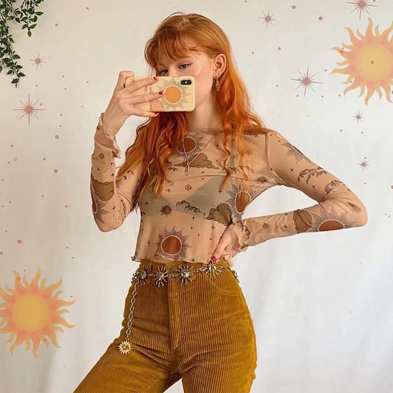 Ins Wind See-Through Mesh Sun And Moon Print Long-Sleeved Navel T-Shirt