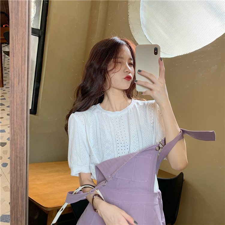 All-match Hollow Short-sleeved T-shirt Purple Strap Skirt High Waist Sleeveless Dress Women