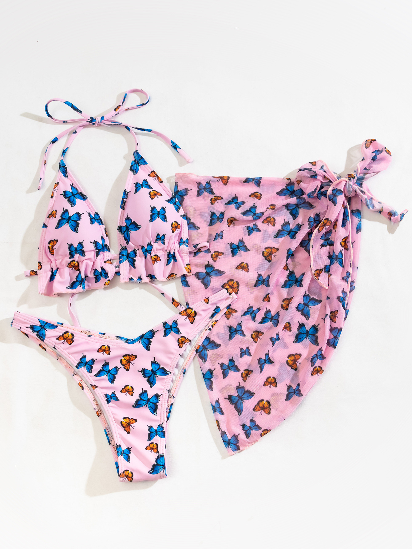 Foreign Trade Lady Butterfly Print Split Gauze Skirt Bikini Gather Three-Piece Swimsuit Bikini