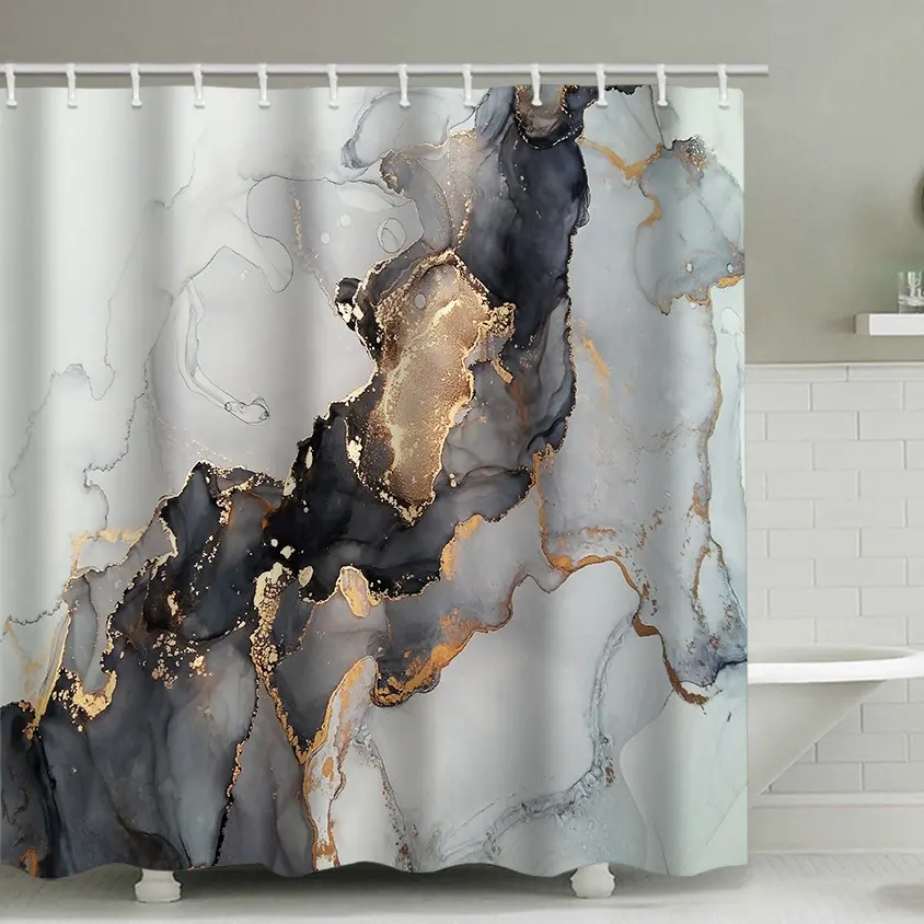 Curtain-Sets Marble Fabric-Shower Abstract Bathroom Modern Black Luxury