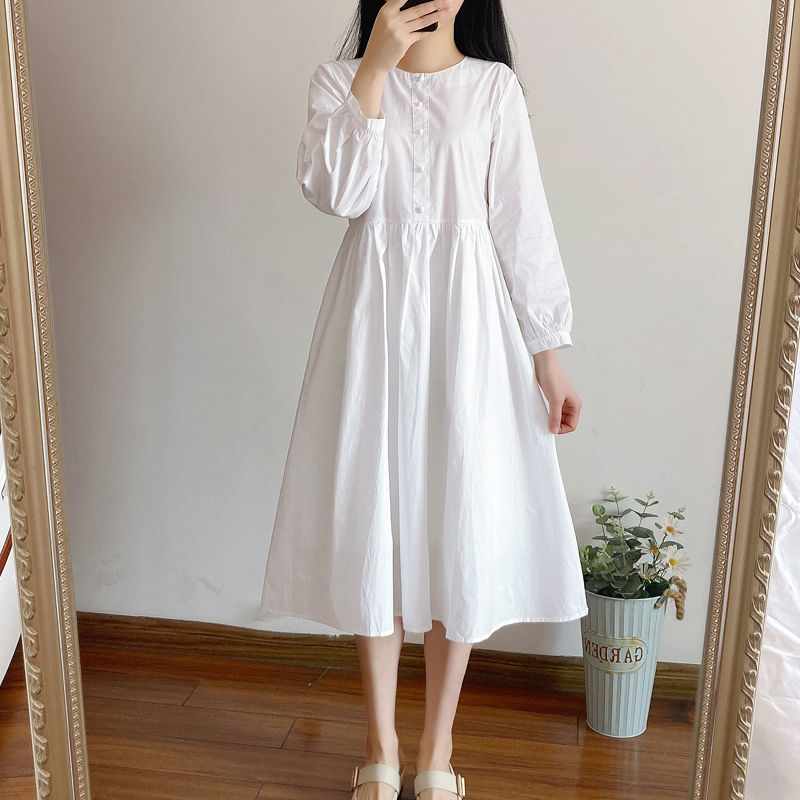 Age-reducing Literary Long-sleeved White Dress