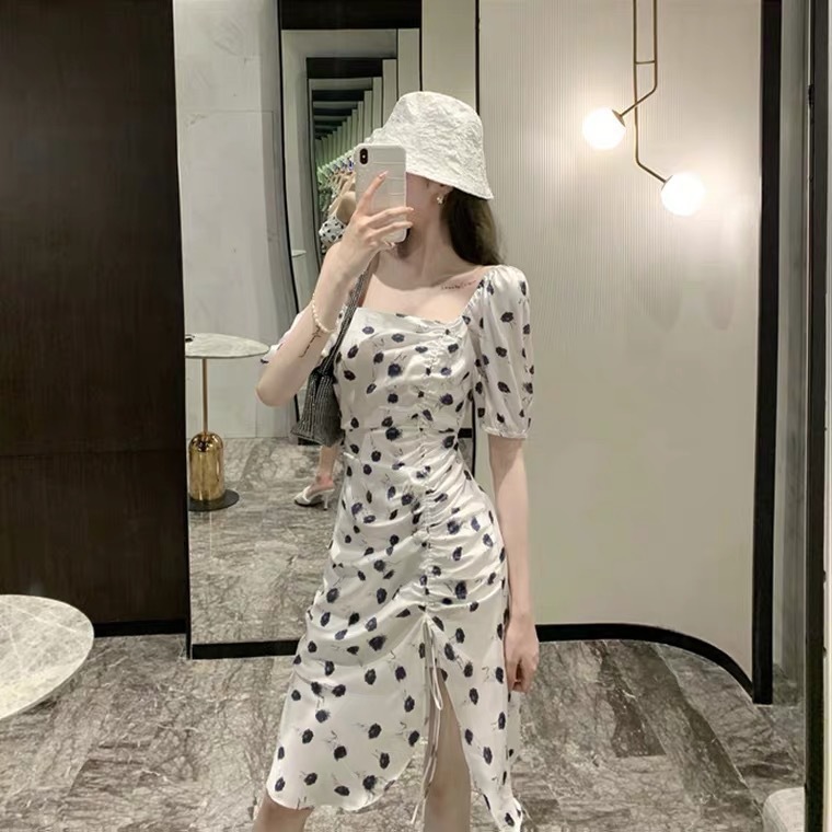 Polka Dot Chiffon Square Collar Irregular Slit Dress