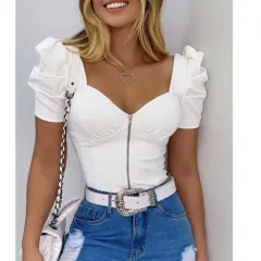 Hot Spring Sexy U-Neck Fluffy Sleeve Front Zipper Women'S Blouse - White - View 1