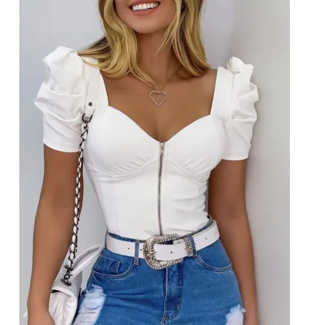Hot Spring Sexy U Neck Fluffy Sleeve Front Zipper Women'S Blouse White - Shop at LoveMi