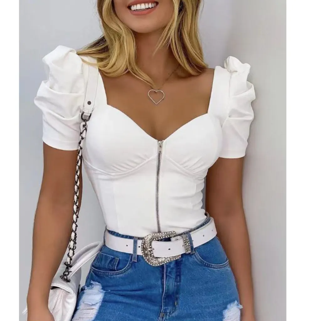 Hot Spring Sexy U-Neck Fluffy Sleeve Front Zipper Women'S Blouse - White